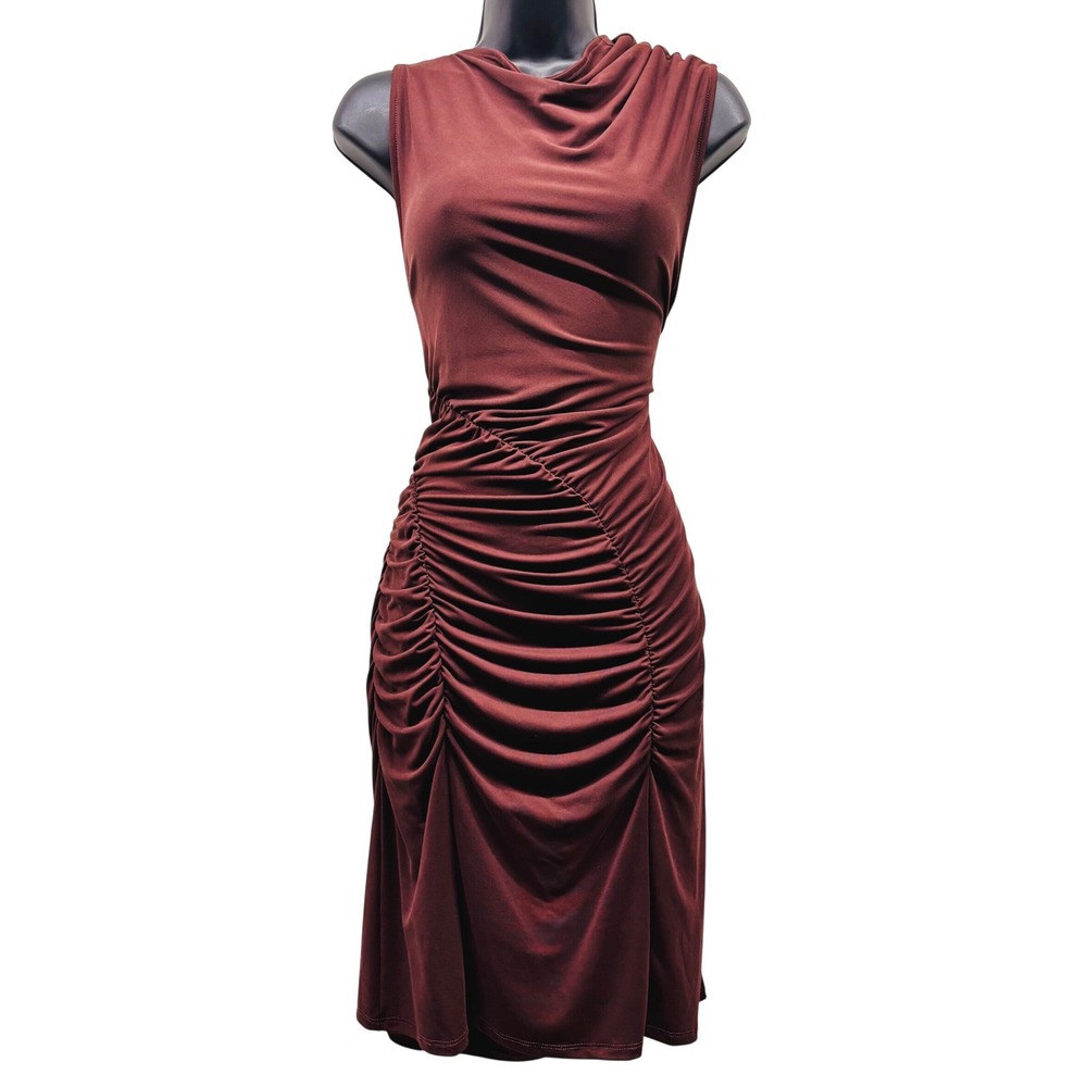 Anthropologie Ruched Cowl Neck Sleeveless Modal Dress Burgundy Rust XL OB2210389 - Picture 1 of 7